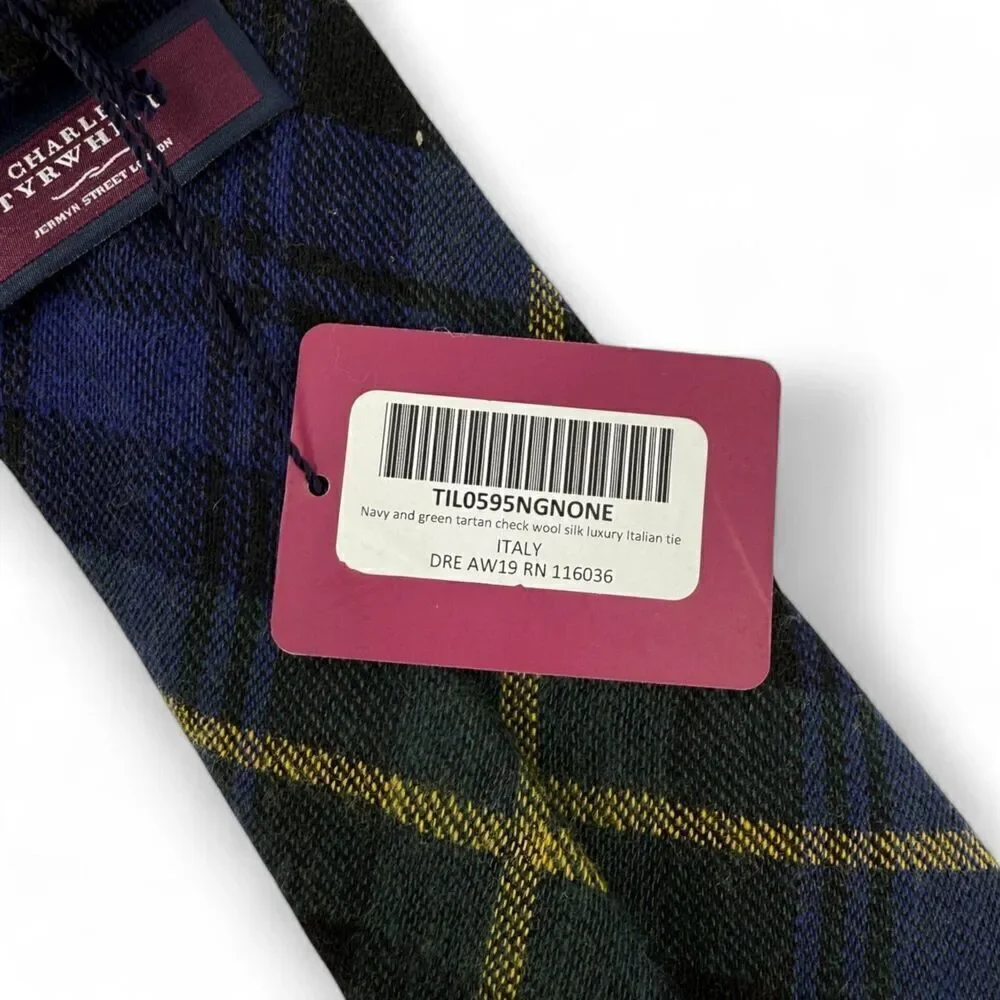 NWT Charles Tyrwhitt Tartan Wool Silk Luxury Handmade Necktie Italy Navy/Green
